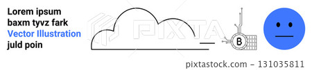 Blue face, cloud outline, Bitcoin chip, and text elements in a vector format. Ideal for technology, finance, cryptocurrency, cloud computing, emotions, digital art, and graphic design. Landing page 131035811
