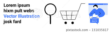 Stylized shopping cart, magnifying glass, and person holding cash back sign. Ideal for e-commerce, online shopping, digital marketing, sales promotions, web design, mobile apps, customer rewards 131035817