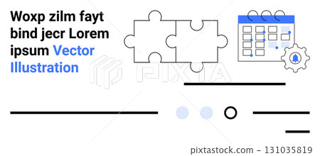 Puzzle pieces, a gear with a notification bell, and a calendar with icons and text elements. Ideal for project management, organization, planning, scheduling, workflow optimization, business 131035819