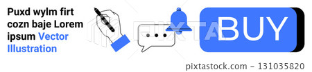 Hand holding pen, notification bell, chat bubble, and BUY button in blue. Ideal for user interaction, notifications, messaging, e-commerce, call-to-action, web elements, online shopping. Landing page 131035820