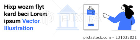 Person pointing at digital payment terminal beside a classical bank building icon and placeholder text. Ideal for fintech, digital payments, online banking, finance apps, tech startups, financial 131035821