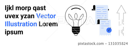 Lightbulb representing idea, documents with clipboard for organization, and upward arrow for growth. Ideal for business presentations, innovation topics, educational materials, corporate websites 131035824