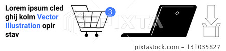 Shopping cart with notification, open laptop, and download icon. Ideal for online shopping, e-commerce, digital purchases, internet transactions, retail technology, user notifications, and web Shopping cart with notification, open laptop, and download icon. Ideal for online shopping, e-commerce, digital purchases, internet transactions, retail technology, user notifications, and web 131035827
