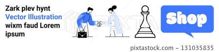 Business handshake, a chess pawn symbolizing strategy, and a shopping speech bubble in minimalist style. Ideal for business, strategy, e-commerce, partnerships, and online shopping. Banner 131035835