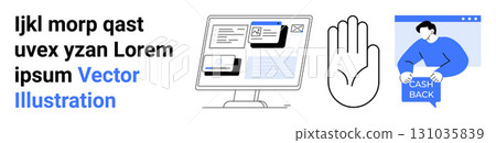Computer monitor with text elements, hand gesture, person holding cashback sign. Ideal for cybersecurity, e-commerce, online education, finance, customer support, web development, marketing. Landing Computer monitor with text elements, hand gesture, person holding cashback sign. Ideal for cybersecurity, e-commerce, online education, finance, customer support, web development, marketing. Landing 131035839