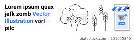 Tree with leaves, three wheat stalks, and online shop icon with shopping cart. Ideal for agriculture, e-commerce, sustainability, shopping, marketing, technology, and eco-friendly themes. Landing 131035840