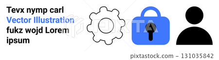 Gear icon, blue padlock, and person silhouette next to placeholder text. Ideal for tech apps, security, user profiles, online services, privacy settings, educational materials, infographics. Banner 131035842