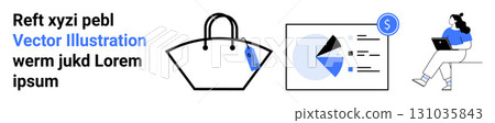 Stylish shopping bag with a price tag, a financial chart with a dollar symbol, and a woman using a laptop. Ideal for e-commerce, business, finance, online shopping, marketing, investment, digital Stylish shopping bag with a price tag, a financial chart with a dollar symbol, and a woman using a laptop. Ideal for e-commerce, business, finance, online shopping, marketing, investment, digital 131035843