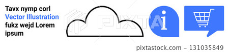 Cloud outline, blue information icon, speech bubble with shopping cart, black text. Ideal for ecommerce, online info, shopping, tech services, digital products, cloud storage, landing pages. Landing 131035849