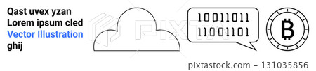 Black and white cloud outline, speech bubble with binary code, and Bitcoin coin symbol. Ideal for technology, cloud computing, data, cryptocurrency, blockchain, programming, and digital finance Black and white cloud outline, speech bubble with binary code, and Bitcoin coin symbol. Ideal for technology, cloud computing, data, cryptocurrency, blockchain, programming, and digital finance 131035856