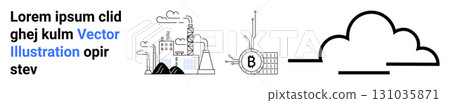 Factory buildings with smoke stacks, Bitcoin blockchain symbol, and abstract cloud with horizontal lines. Ideal for technology, industry, finance, blockchain, cloud computing, innovation Factory buildings with smoke stacks, Bitcoin blockchain symbol, and abstract cloud with horizontal lines. Ideal for technology, industry, finance, blockchain, cloud computing, innovation 131035871