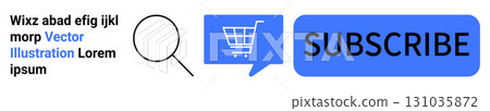 Shopping cart, magnifying glass, subscribe button with lorem ipsum text. Ideal for online shopping, product search, user engagement, newsletter sign-up, e-commerce, subscription services, digital 131035872