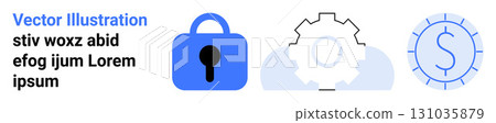 Padlock representing security, gear symbolizing settings or configuration, and a dollar sign indicating financial or economic aspects. Ideal for technology, finance, cybersecurity, business Padlock representing security, gear symbolizing settings or configuration, and a dollar sign indicating financial or economic aspects. Ideal for technology, finance, cybersecurity, business 131035879