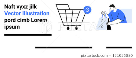 Shopping cart with 3 items indicator, person carrying shopping bags, and placeholder text. Ideal for e-commerce, online stores, retail websites, digital marketing, sales promotions, user experience 131035880