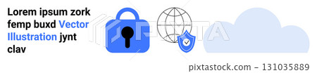 Lock, globe, and shield icons with a cloud image conveying security and cloud computing. Ideal for cybersecurity, data protection, online privacy, cloud storage, internet security, IT services Lock, globe, and shield icons with a cloud image conveying security and cloud computing. Ideal for cybersecurity, data protection, online privacy, cloud storage, internet security, IT services 131035889