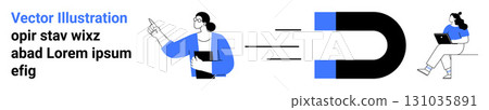 Person gesturing toward a magnet pulling in another person with a laptop. Ideal for digital marketing, client acquisition, engagement, business growth, online strategies, lead generation, audience 131035891