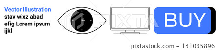 Eye with a clock, computer monitor, blue BUY button. Ideal for time management, productivity, e-commerce, technology, online shopping, monitoring, user interface design. Landing page Eye with a clock, computer monitor, blue BUY button. Ideal for time management, productivity, e-commerce, technology, online shopping, monitoring, user interface design. Landing page 131035896