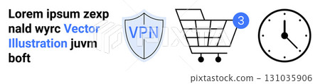 Text block, VPN shield, shopping cart with notification, clock. Ideal for online security, e-commerce, time management, digital privacy, web safety, transaction processing. Landing page 131035906