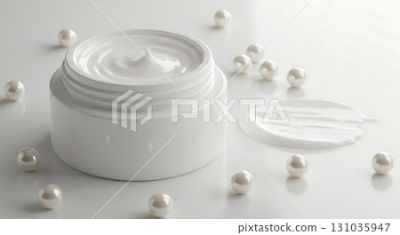 Luxurious white cream jar with pearls, radiant skincare product for ultimate beauty and elegance 131035947