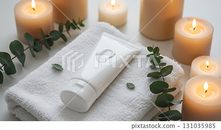 Luxurious spa setting with scented candles, soft towel, and skincare cream for ultimate relaxation 131035985