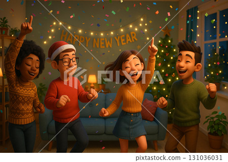 Illustration of friends celebrating new year dance party with festive decor and confetti in cozy living room. concept of joyful celebration, friendship, festive atmosphere Illustration of friends celebrating new year dance party with festive decor and confetti in cozy living room. concept of joyful celebration, friendship, festive atmosphere 131036031