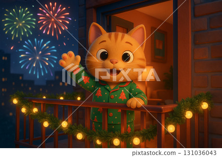 Illustration of festive cat waving on decorated balcony with fireworks in night sky. concept of holiday celebration, festive cheer, festive feline. Illustration of festive cat waving on decorated balcony with fireworks in night sky. concept of holiday celebration, festive cheer, festive feline. 131036043