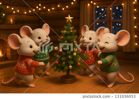 Cute mice in festive sweaters celebrating around christmas tree in cozy log cabin illustration. concept of holiday cheer, festive gatherings, christmas celebration 131036053
