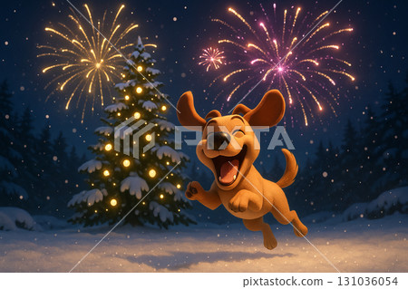 Joyful dog celebrating in snowy landscape with festive fireworks and christmas tree lights at night illustration. concept of festivity, joyful canine, winter holiday 131036054