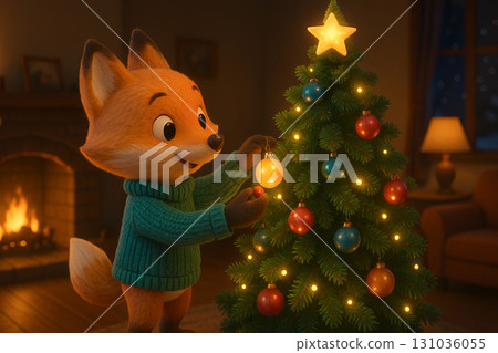 Illustration of a fox decorating christmas tree with colorful ornaments by fireplace in cozy room. concept of holiday spirit, festive decor, winter celebration 131036055