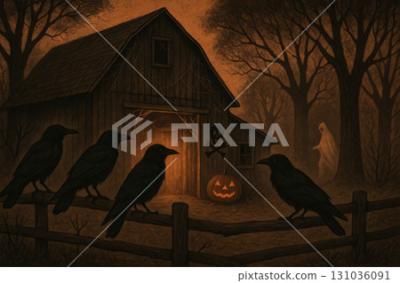 Illustration of crows perched on fence in spooky halloween scene with jack-o-lantern and haunted barn at night. concept of halloween night, spooky atmosphere, eerie landscape 131036091