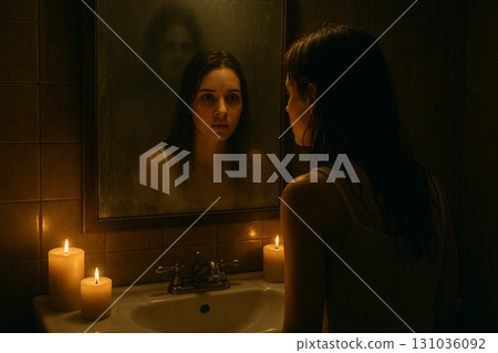 Young woman reflecting in mystical mirror with candlelight illumination in dimly lit bathroom. concept of self-reflection, mystical atmosphere, introspection 131036092