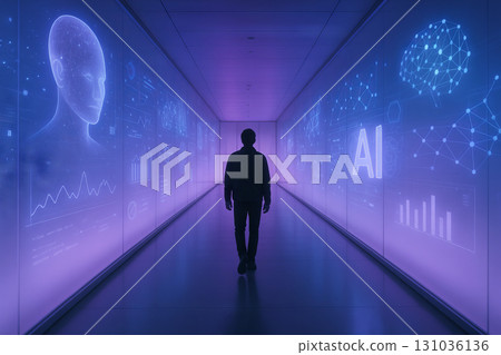 Futuristic museum hallway with silhouette of man walking amidst digital displays and ai concepts in illuminated corridor 131036136