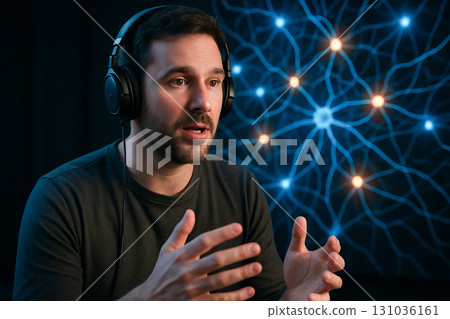 Man with neural interface headphones engaged in conversation in front of digital neural network illustration. concept of technology, communication, innovation 131036161