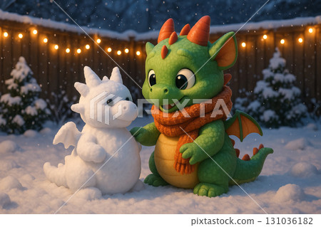 Cute baby dragon playing with snow dragon in winter wonderland scene, magical fantasy illustration for children's adventure storytelling and imagination Cute baby dragon playing with snow dragon in winter wonderland scene, magical fantasy illustration for children's adventure storytelling and imagination 131036182