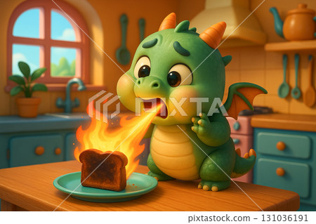 Adorable baby dragon accidentally breathing fire on toast in cozy kitchen illustration. concept of fantasy mishap, cute creature, whimsical scene 131036191