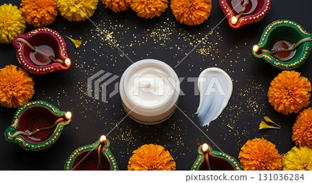 Luxurious skincare cream displayed with glowing diyas and vibrant marigolds, evoking festive elegance Luxurious skincare cream displayed with glowing diyas and vibrant marigolds, evoking festive elegance 131036284