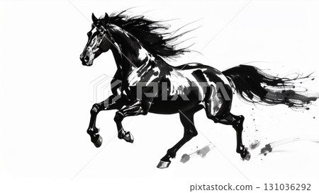 Ink painting horse image background material, 16:9 size, AI-generated material 131036292