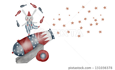 Circus gun watercolor. Hand drawn cannon with the stars and rabbit on isolated white background. Clip art circus equipment. Perfect for posters and cards for baby shower Circus gun watercolor. Hand drawn cannon with the stars and rabbit on isolated white background. Clip art circus equipment. Perfect for posters and cards for baby shower 131036378