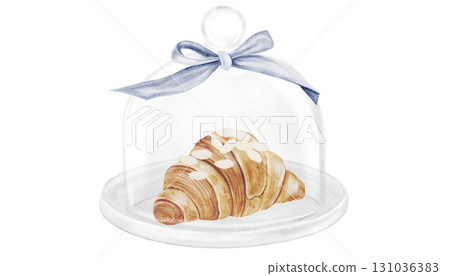 Croissant and cloche watercolor illustration. Hand drawn fresh french bun in a glass dome with a bow. Food clip art. Ideal for bakery prints, postcards and pastry shop posters. 131036383