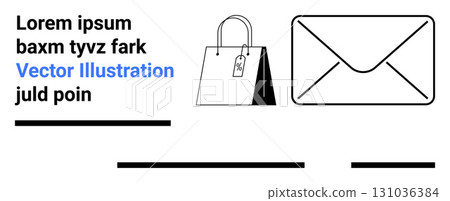 Shopping bag with price tag and large envelope icon accompanied by placeholder text. Ideal for e-commerce websites, online shopping, email marketing, newsletters, branding, retail ads, and digital 131036384