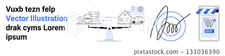 Text, house, cars, trucks, scale, signature, and shopping cart. Ideal for logistics, transportation, delivery services, e-commerce, digital signatures, shopping apps, and landing pages Text, house, cars, trucks, scale, signature, and shopping cart. Ideal for logistics, transportation, delivery services, e-commerce, digital signatures, shopping apps, and landing pages 131036390