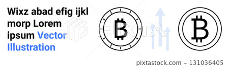 Bitcoin symbols inside coin outlines, with placeholder text. Three arrows trending upwards. Ideal for cryptocurrency, finance, investment, blockchain, digital currency, market analysis, fintech Bitcoin symbols inside coin outlines, with placeholder text. Three arrows trending upwards. Ideal for cryptocurrency, finance, investment, blockchain, digital currency, market analysis, fintech 131036405