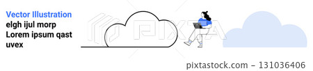Central cloud illustration, person with laptop, cloud icon in blue shade. Ideal for tech, cloud services, remote work, IT solutions, minimalism, online services, digital workspace. Landing page 131036406