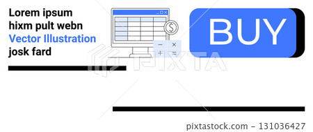 Elements include a blue BUY button, a sales chart, financial calculator, and placeholder text. Ideal for online shopping, financial tracking, e-commerce, business analytics, user interface, digital Elements include a blue BUY button, a sales chart, financial calculator, and placeholder text. Ideal for online shopping, financial tracking, e-commerce, business analytics, user interface, digital 131036427