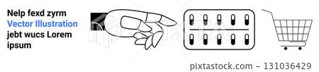 Ideal for business, marketing, and technology contexts. Showcases digital interaction, pill product concept, and shopping cart. For startups, retail, and educational uses. Banner for landing page 131036429