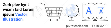 Shopping cart, globe, and open book with English and Chinese characters depict global language learning. Ideal for education, e-commerce, travel, translation services, language schools, international 131036462