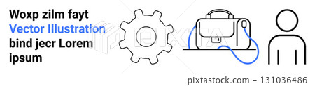 Gear cog, backpack, person outline in minimalist black and white with blue detail. Ideal for business presentations, education resources, marketing campaigns, user manuals, website design, product Gear cog, backpack, person outline in minimalist black and white with blue detail. Ideal for business presentations, education resources, marketing campaigns, user manuals, website design, product 131036486