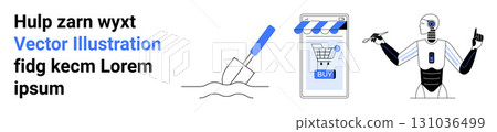 Text elements, construction shovel, shopping app interface, and a robot. Ideal for technology, e-commerce, construction, AI development, robotics, digital marketing, user interface design. Landing 131036499