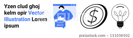 Text block, person with cashback sign in web window, dollar coin, and lightbulb icon. Ideal for finance, e-commerce, marketing, savings, innovation, business strategy, educational content. Landing 131036502