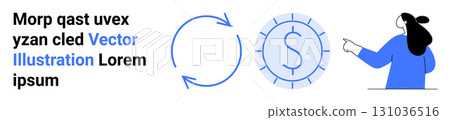 Woman pointing at circular arrow icon next to currency symbol. Ideal for financial services, economy, business presentations, sustainability, banking, resource management, and educational platforms Woman pointing at circular arrow icon next to currency symbol. Ideal for financial services, economy, business presentations, sustainability, banking, resource management, and educational platforms 131036516